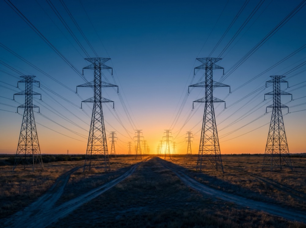 Transmission corridors converging at sunset
