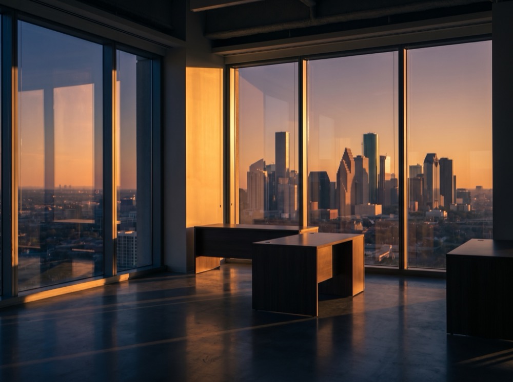 Office overlooking the Houston skyline at golden hour