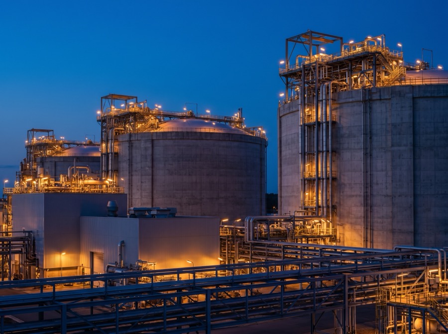 LNG storage facility at blue hour