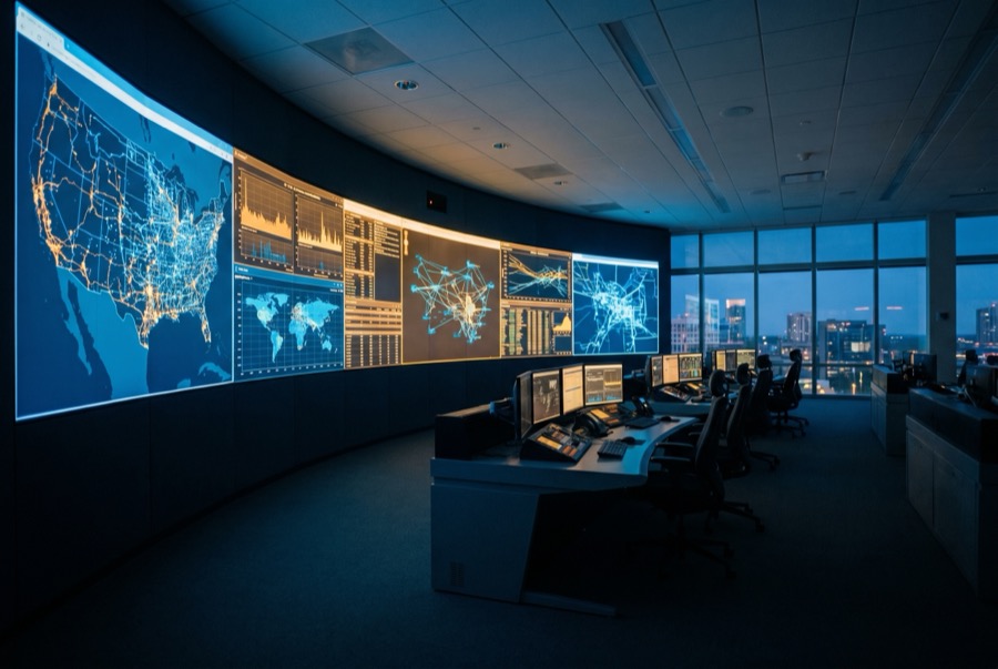 Grid operations control room at blue hour