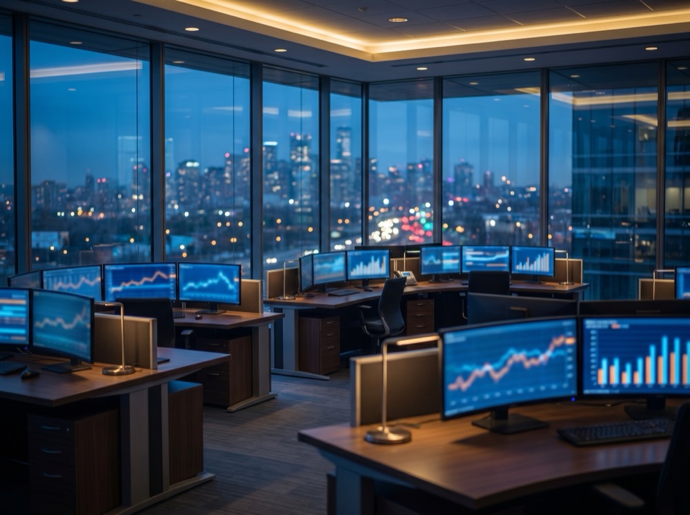 Energy trading floor at dusk